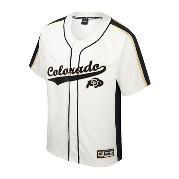 This is a white youth baseball jersey with black and gold detailing on the sleeves. Colorado is written in bold cursive script and there's a CU Buffalo logo underneath.